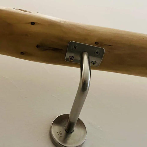 Top Shelf Pine Wood Handrail Kit Adjustable From One Foot To Twenty Feet No Slip Stair Railing showing metal mount and wood detail.