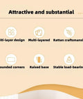 Features infographic of Dope Industrial Boho 4 Tier Corner Bookshelf With Metal Frame And Rattan Shelves, highlighting design and stability.