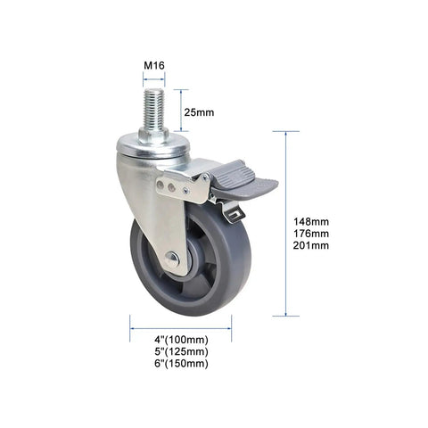Heavy Duty Industrial Caster Wheels With Brake And Swivel MX Threaded Stem TPE Rubber Workbench Casters for cart wheels