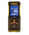 165 Ft Laser Distance Measurer With Bright Color Screen, Quick, Accurate One Sixteenth Inch Readings, Area And Volume Calculations, Touch Pad Control, 1m Drop Test, Batteries Included, Great For DIY And Construction. DeWALT DW0165 handheld laser meter front view with blue display