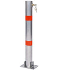 Beefy Foldable Steel Parking Bollard Post With Secure Lock And Bold Warning Stripes For No Sweat Driveway Garage And Street Traffic Control Effortless Setup Barrier In Matte Gray with key and stripes.