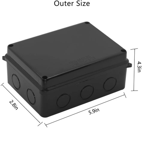 Black IP65 waterproof ABS plastic junction box with side knockouts, 150x110x70mm; indoor/outdoor enclosure