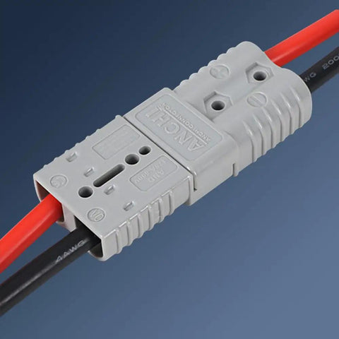 Beefy 350A Battery Connector For 2/0 AWG Cables Gray Color, Ideal For Forklift Recovery Winches And Towing Systems, Delivers 350 Amps Continuously At Up To 600V, Must Pair Only With The Same Color And Type For Safe Use. Gray battery connector with red and black cables