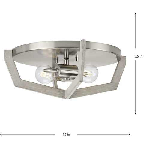 2 Light Modern Farmhouse Flush Mount Ceiling Light in Brushed Nickel with Grey Washed Oak Accents, 15 x 5.5 in, front view