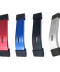 Four aluminum T-slot clamps in red, blue, black, and silver, showcasing the Flush Mount T Slot Clamp For Woodworking design.