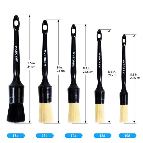 Five Piece Boar Hair Car Detailing Brush Set with sizes 18# to 10#, showing various brush lengths and designs.