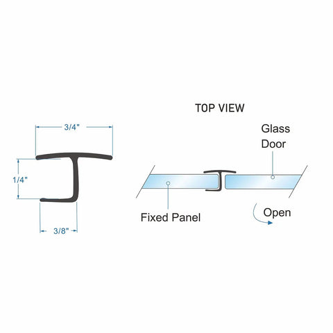 100 Inch Silicone Glass Shower Door Seal Strip For Quarter Inch Frameless Glass, side sweep top view diagram with dimensions.