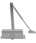Silver dual spring automatic door closer with hydraulic buffer for ultra quiet no slams smooth close adjustable speed integrated stopper.