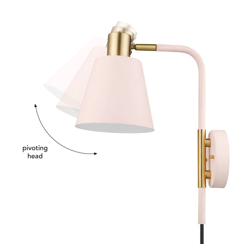 Cleo 1 Light Wall Sconce with plug-in or hardwire setup, blush pink finish with matte brass accents, pivoting head shown