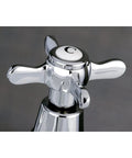 Close-up of Cross-Handle Basin Faucet In Polished Chrome Solid Brass Deck Mount 2-Hole Installation Drip-Free Ceramic Disc Cartridge