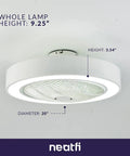 Bladeless Flush Mounted Ceiling Fan With Light And Remote Control highlighting white design with dimensions of height 9.25 inches and diameter 20 inches