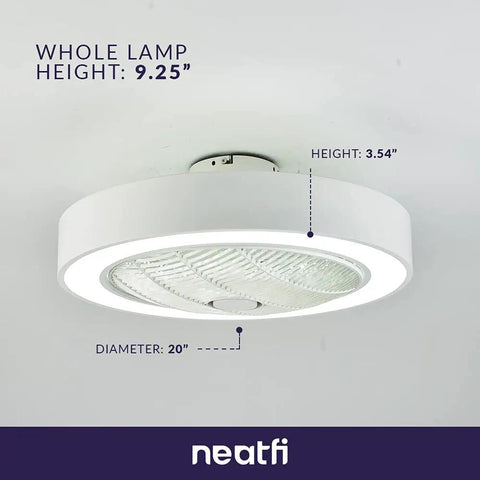 Bladeless Flush Mounted Ceiling Fan With Light And Remote Control highlighting white design with dimensions of height 9.25 inches and diameter 20 inches