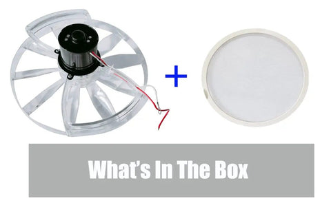 Beef Up Your RV Vent With This 12 Inch Fan Blade And Screen 1200 CFM High Airflow Motor Assembly For Quiet Roof Vent Repair Replacement Kit Fits Most Standard RV Fans Easy Install shown with fan blade and screen.