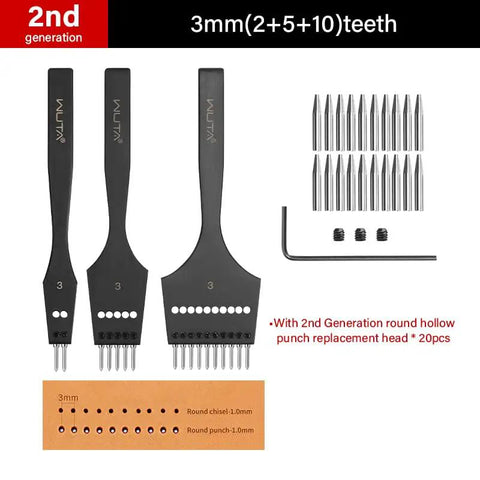 2nd Generation Leather Hole Punch Kit with removable circle punch for lacing, showing steel chisel set and cutting punches