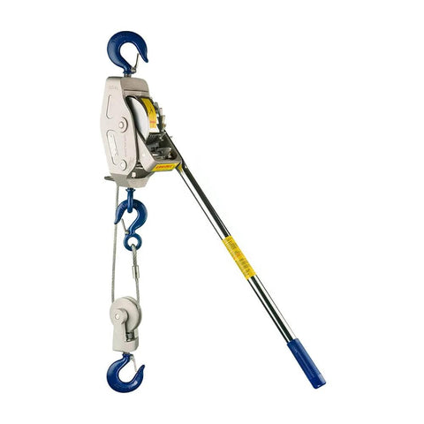 Industrial Grade Cable Come Along Winch with 2 Ton Capacity, showing ratchet and hooks for rigging and construction tasks