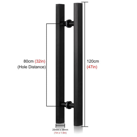 Black 47 Inch Stainless Steel Sliding Barn Door Pull Handle With Install Tools shown front view, dimensions labeled.