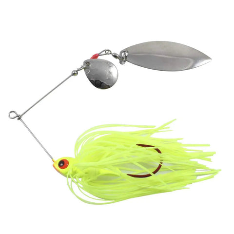 Reed Runner Tandem Spin Premium Spinner Baits For Freshwater Lures That Catch Bass Pike And Musky White Shad 3/8 Oz with chartreuse skirt
