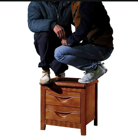 Killer Sturdy Industrial End Table With Stackable Design And Front Storage Compartment Rustic Brown Wood Look showing two people squatting on it.