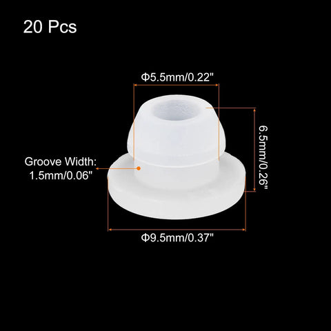Twenty Piece Clear Silicone Snap In Hole Plugs 5 5mm Mounting Diameter With 1 5mm Narrow Groove For Kitchen Bulkheads And Panel Sealing Waterproof Gap Fillers That Drop Right In For A Zero Fuss Install, showing dimensions and shape.