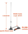 Mag Mount Dual Band Vehicle Antenna For VHF UHF Ham Radio 2m 70cm With PL 259 Connector And 10 Ft RG58 Cable shown with dimensions