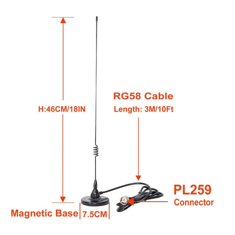 Mag Mount Dual Band Vehicle Antenna For VHF UHF Ham Radio 2m 70cm With PL 259 Connector And 10 Ft RG58 Cable shown with dimensions