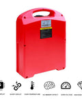 Top Shelf LifePO4 Lithium Battery For Electric Pallet Jack And Warehouse Forklift Trucks 24V 48V showing red casing and handle.