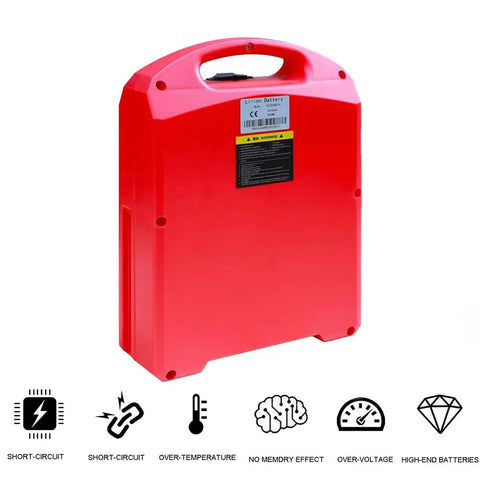 Top Shelf LifePO4 Lithium Battery For Electric Pallet Jack And Warehouse Forklift Trucks 24V 48V showing red casing and handle.