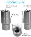 Heavy Duty Beefy Three Quarters Inch Heim Joint Rod End Kit Chromoly Joints For Panhard Rod End With Lock Nut And Bushing Assembly Left And Right Hand Thread Fits One And One Quarter Inch Tube OD Zero Point One Two Zero Inch Wall, product size view