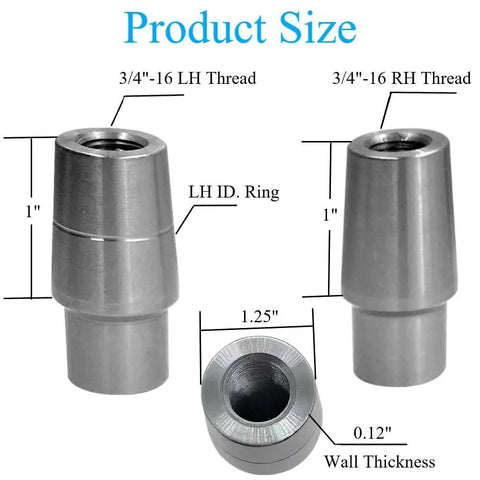 Heavy Duty Beefy Three Quarters Inch Heim Joint Rod End Kit Chromoly Joints For Panhard Rod End With Lock Nut And Bushing Assembly Left And Right Hand Thread Fits One And One Quarter Inch Tube OD Zero Point One Two Zero Inch Wall, product size view