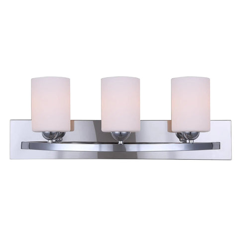Slick Chrome Hampton 3 Light Vanity With Flat Opal Glass Damp Location Rated Bathroom Light 24 Inch Wide Fixture Uses 3 Type A Bulbs