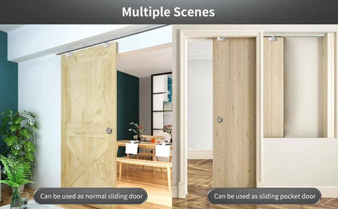 60 Inch Commercial Grade Aluminum Pocket Door Track Kit with Ceiling Mount Box Rail Sliding Hardware, installed in modern home