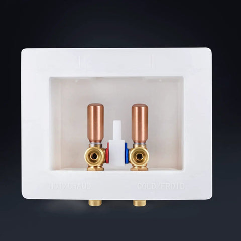 Durable Washer Outlet Box With Brass Water Hammer Arrestor, Half Inch Press Connection, Dual Drain, Brass Valves, Laundry Room Use