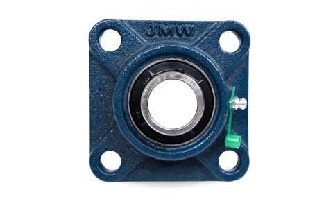 Front view of Self Aligning Pillow Block Bearing UCF205 1 Inch Bore 4 Bolt Flange Mounted With Solid Square Base Two Pack Easy Spring Clip Install