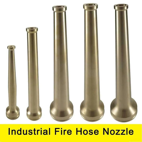 Heavy Duty Solid Brass Fire Hose Nozzle One Point Five Inch NPT Fitting For Hardcore Industrial Firefighting And Straight Shot Water Flow Control. Various nozzle sizes lined up.