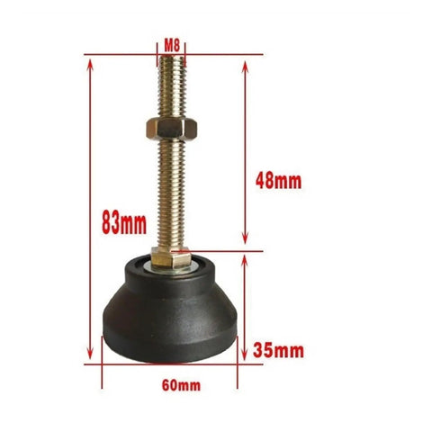 Heavy Duty Furniture Leveling Feet 8 Pack Adjustable Screw Legs With 60mm Base Plate M24x200mm close-up showing dimensions 60mm base, M8 thread, 83mm height.