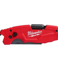 Red Fastback Compact Folding Knife with branded handle, metal body, visible blade, and belt clip, six-in-one utility knife tool.