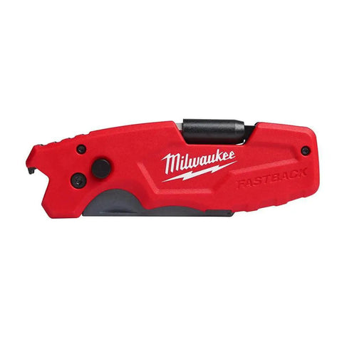 Red Fastback Compact Folding Knife with branded handle, metal body, visible blade, and belt clip, six-in-one utility knife tool.