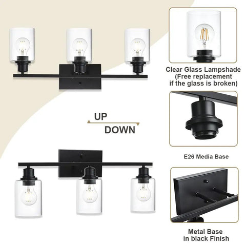 Three Light Matte Black Bathroom Vanity Light With Clear Glass Shades Anti Rust Modern Wall Lamp E26 Socket 23 Inch Fixture