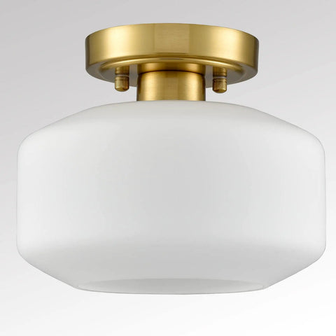 Modern White Semi Flush Mount Ceiling Light With Gold Finish For Hallways, Opal Milk Glass Shade, Farmhouse Style