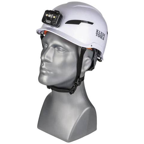Type 2 Safety Helmet With Rechargeable Headlamp, White Non Vented ANSI Class E Hard Hat for at-height work, side view