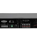 Rear view of 60 Watt Five Channel 100 Volt And 70 Volt Commercial Mixer Amplifier with inputs and fan vent.