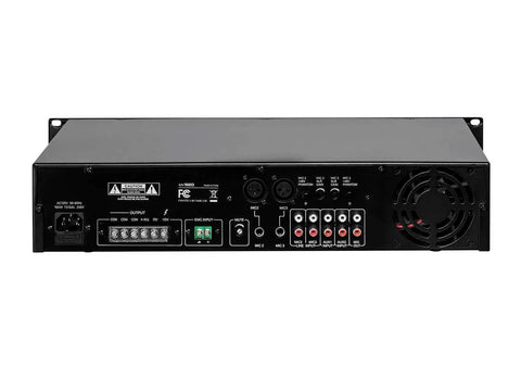 Rear view of 60 Watt Five Channel 100 Volt And 70 Volt Commercial Mixer Amplifier with inputs and fan vent.