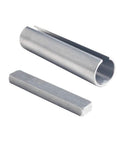 Two-piece aluminum shaft adapter sleeve and key; hollow 5/8 in bore cylinder with 3 in length.