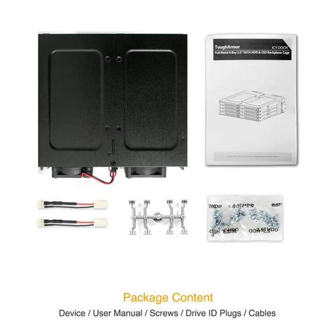 Built Like A Tank 8 Bay 2.5 Inch Sata Hdd And Ssd Backplane Cage With Locking Trays heavy duty package contents including unit, cables, screws.