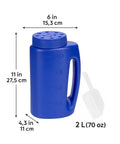 Heavy Duty Hand Held Spreader With Adjustable Hole Size For Seeds Fertilizer Salt Ice Melt And Pest Control Granules 2 Liter Capacity Includes Scoop Durable Garden Tool For Lawn Garden And Driveway Maintenance Blue, shown with size dimensions and scoop
