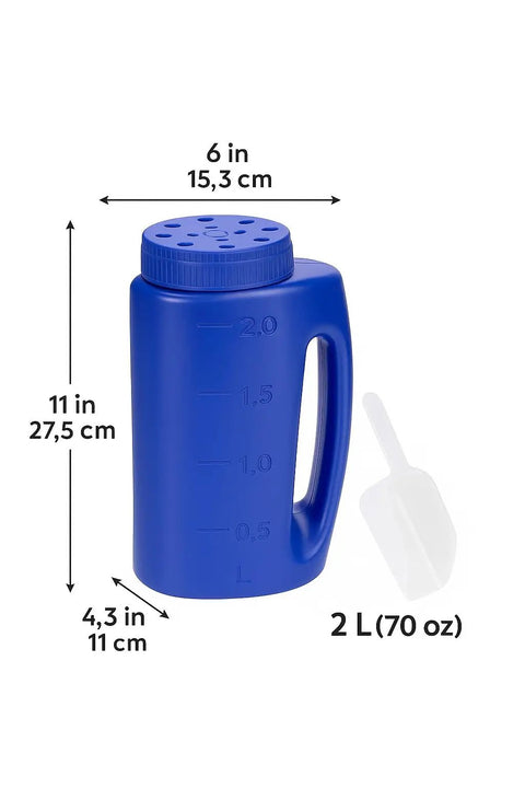 Heavy Duty Hand Held Spreader With Adjustable Hole Size For Seeds Fertilizer Salt Ice Melt And Pest Control Granules 2 Liter Capacity Includes Scoop Durable Garden Tool For Lawn Garden And Driveway Maintenance Blue, shown with size dimensions and scoop