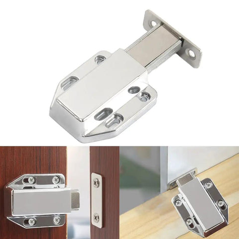 Upgrade Kitchen Vibe With These Sleek Zinc Alloy Push To Open Cabinet Door Catch Latches featuring a silver latch on wood.