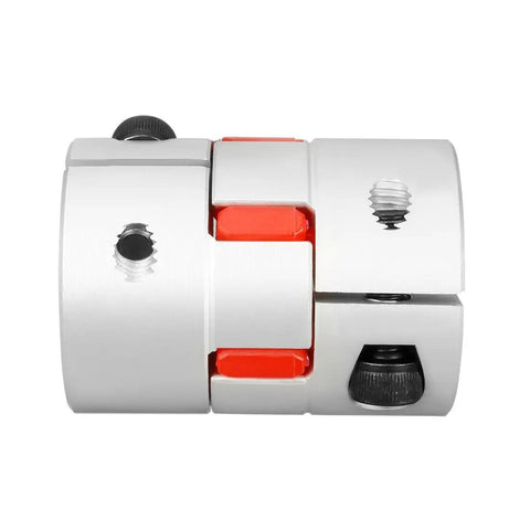 8mm To 19mm Shaft Plum Shaped Coupling Coupler, 40mm Diameter, 55mm Length, Aluminum+PU, Silver Tone and Red, Side View