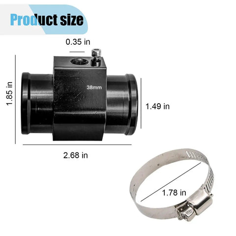 38mm Aluminum Water Temperature Joint Pipe with measurements and hose clamp for coolant hose swaps.