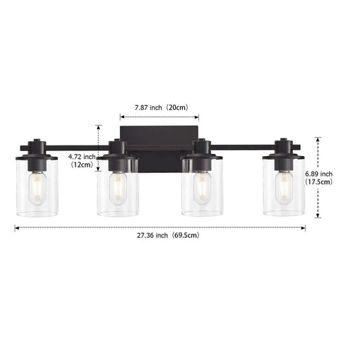 4 Light Modern Vanity Light With Industrial Matte Black Finish And Clear Glass Shades, dimensions labeled, front view